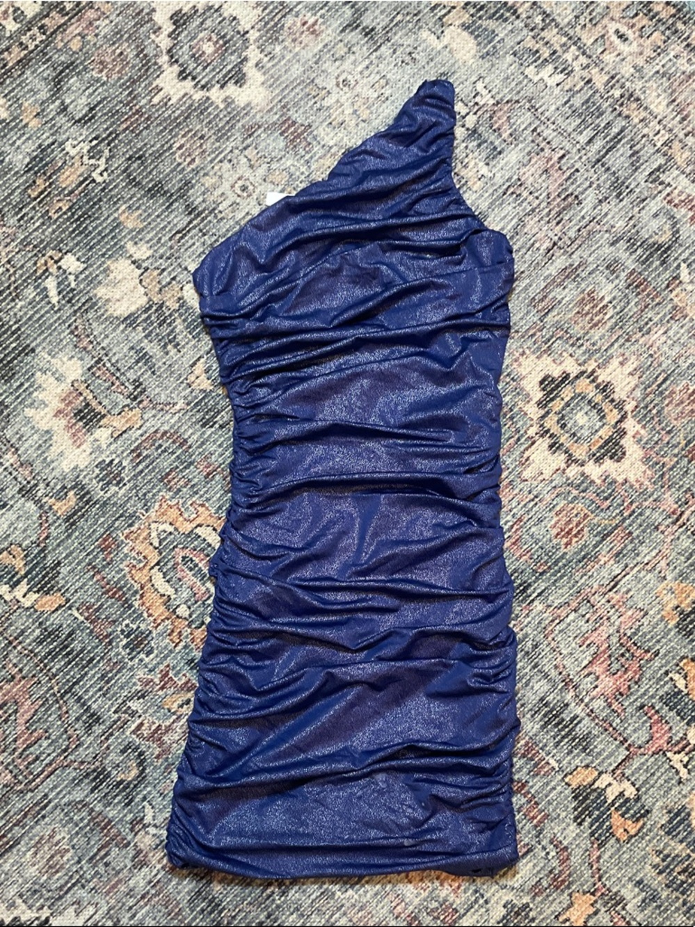 One-Shoulder Ruched Shimmer Dress - Royal Blue
